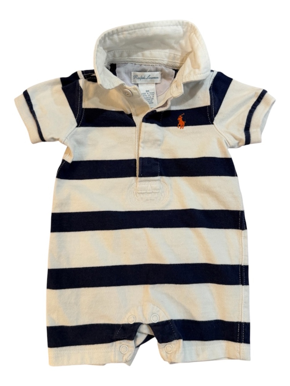 Polo Ralph Lauren Infant Rugby Style Shortall Romper Navy White Stripe 3 Months